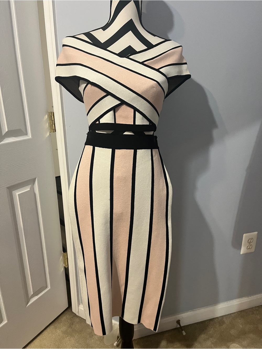 Gianni Bini Pink, Cream & Black Striped Midi Set